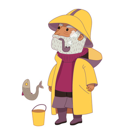 Fisherman, flat cartoon vector illustration, an elderly grey-haired man wearing vintage fisherman hat, raincoat, sweater and boots, with a bucket and a fish, a part of Dodo people collectionのイラスト素材