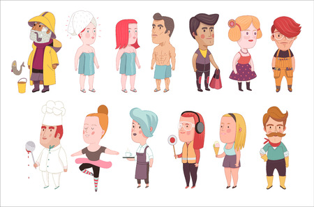Vector cartoon illustrated various doodle characters people setのイラスト素材