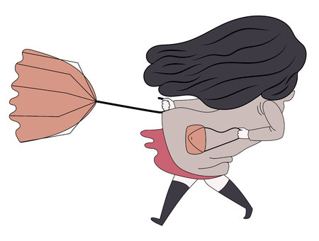 A flat vector cartoon illustration of a brunette girl with long hair wearing high boots and raincoat, holding the umbrella turned inside out blown by windowのイラスト素材