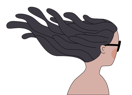 A flat vector cartoon illustration of a naked brunette girl with long hair blown by tempered winds wearing sunglasses from the backのイラスト素材