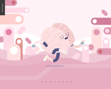 Running brain on pink landscape illustrated vector banner - rounded colorful shapes abstract scenery on pink background and a brain wearing a training suit running outsideのイラスト素材