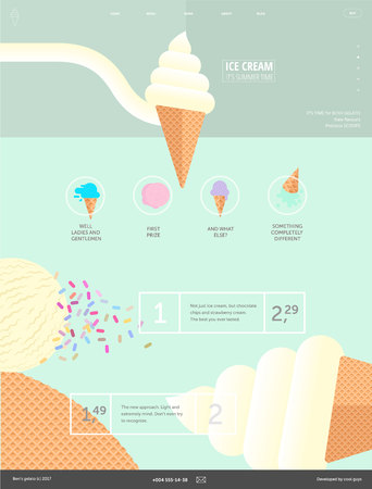 Ice cream website pastel green template - web layout componed of web banner with ice cream flat cartoon illustration header, menu,icons, ice cream scoops on a background and template for product menuのイラスト素材