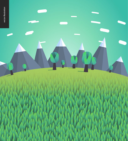 Flat illustrated landscape with mountains and trees on the background and field of grass on the foregroundのイラスト素材