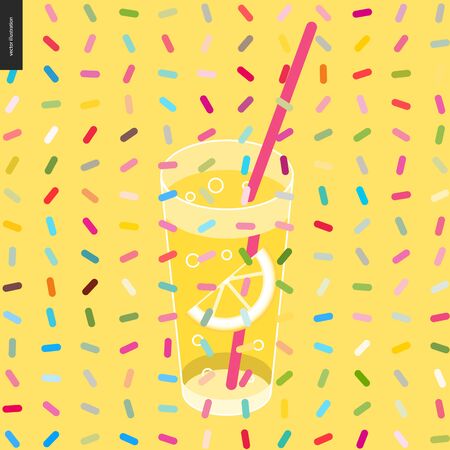 Glass of lemonade and a pattern - cartoon flat vector illustrated glass of lemonade with drinking straw, lemon pieces inside, and twisted geometric colorful pattern of sprinkles above on the yellowのイラスト素材