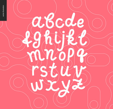 Vector handwritten script latin alphabet on the red outlined shapes patterned backgroundのイラスト素材