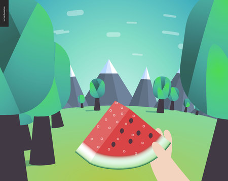 Watermelone, picnic in a forest, flat cartoon vector illustration - a piece of ripe watermelone in someones hand on the background of forest edge and mountainsのイラスト素材