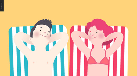 Happy couple sunbathing on the beach - a flat cartoon vector illustration of a couple sunbathing lying on the striped beach mattresses smiling to each otherのイラスト素材