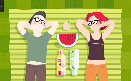Young couple on picnic, top view - flat cartoon vector illustration of woman and man laying down on striped green plaid on green grass, bottles with fruit water, cucumber water, watermelon and peachのイラスト素材