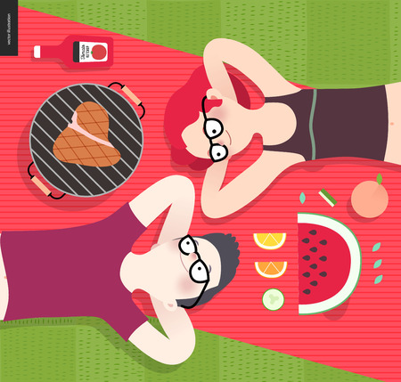 Young couple on picnic, top view,vegetarian vs meat eater - flat cartoon vector illustration of woman and man laying down on red plaid on green grass, with vegetarian and meat mealのイラスト素材