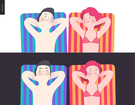 War and peace - a couple lying down on striped beach mattresses in two different statements - in peace smiling to each other, and in conflict hating to each otherのイラスト素材