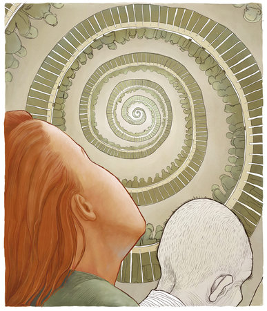 An illustration of the endless spiral staircase with people on it waiting un a queue