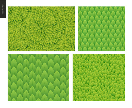 Foliage seamless patterns set. Green leaf seamless vector catroon hand drawn patternsのイラスト素材