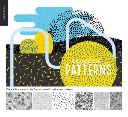 Hand drawn black and white 6 patterns set. Fur or leaves seamless black and white patterns.のイラスト素材