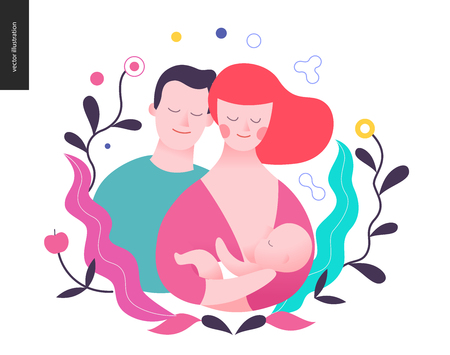 Reproduction - a breeding woman, baby and a man surrounded by plantsのイラスト素材