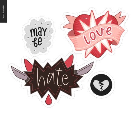 Set of contemporary girlie Love letter logo. A set of vector patches, logo and letter composition. Love, May be, Hate and a broken heart. Vector stickers kit.のイラスト素材