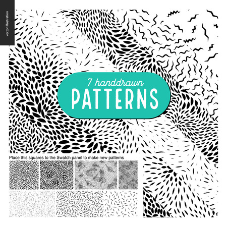 Handdrawn black and white 7 patterns set. Fur or leaves seamless black and white patternsのイラスト素材
