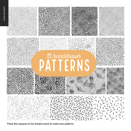 Handdrawn black and white 15 patterns set. Fur or leaves seamless black and white patternsのイラスト素材