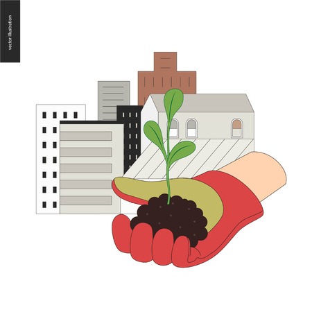 Urban farming, gardening or agriculture. Sign logo - a hand wearing gauntlet holding a sprout, with city buildings on the backgroundのイラスト素材
