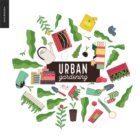 Urban farming and gardening collage with gardening tools, wooden seedbeds, greens and houses.のイラスト素材