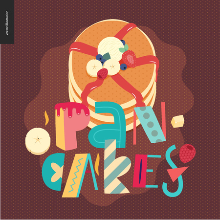 Lettering composition Love Spring Pancakes and a pancake on the brown backgroundのイラスト素材