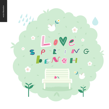 Love, spring, bench fun lettering on the gross bush with spring elementsのイラスト素材