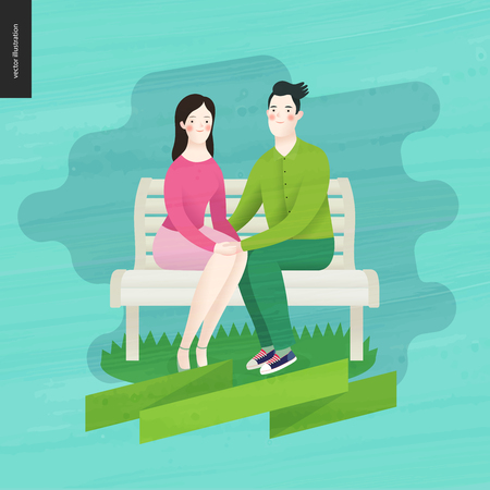 Love, spring, bench - a couple in love sitting on a benchのイラスト素材