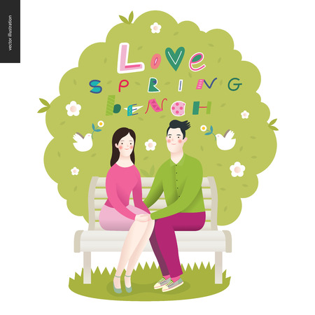 Love, spring, bench lettering - a couple in love sitting on a bench under the treeのイラスト素材