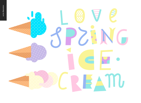 Love spring ice cream lettering and three ice cream waffle conesのイラスト素材