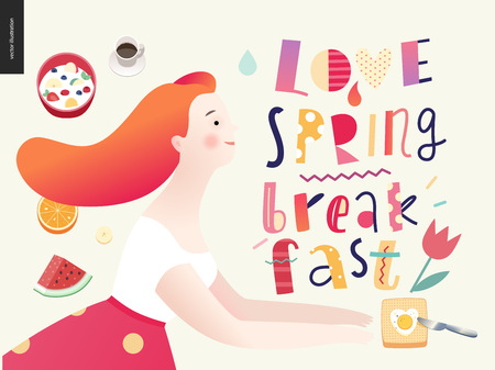 Love, spring, breakfast Lettering composition and a couple running towards to each other and a set of breakfast mealのイラスト素材