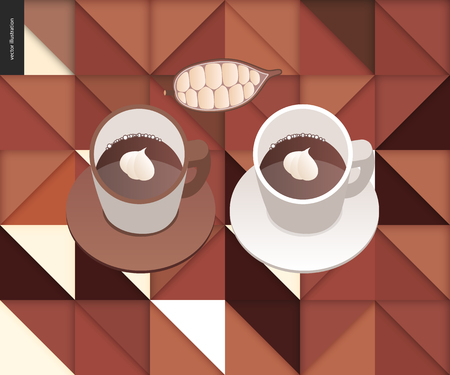 Love spring chocolate - papercut geometric pattern and two cups of coffee and chocolate, and cacao beansのイラスト素材