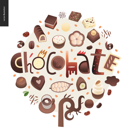 Love spring chocolate slogan - lettering composition, set of dark and white chocolate crisp bonbons and bars, choclate chips, coffee and cacao beans and leavesのイラスト素材