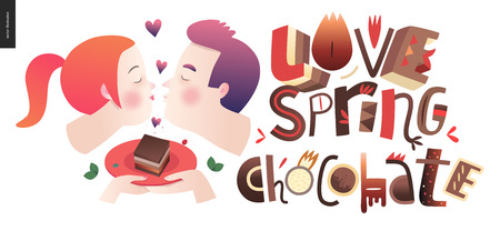 Love spring chocolate slogan - lettering composition and a kissing couple with a chocolate pastryのイラスト素材