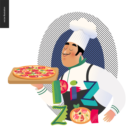 Italian restaurant set - italian restaurant logo with a cook enjoing the pizza smell and lettering Pizzaのイラスト素材