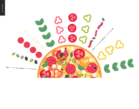 Italian restaurant set - pizza composition with ingredients arranged in rows.のイラスト素材