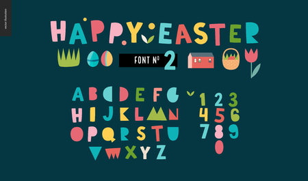 Kids flat alphabet set - Happy easter latin font of letters and digitsのイラスト素材