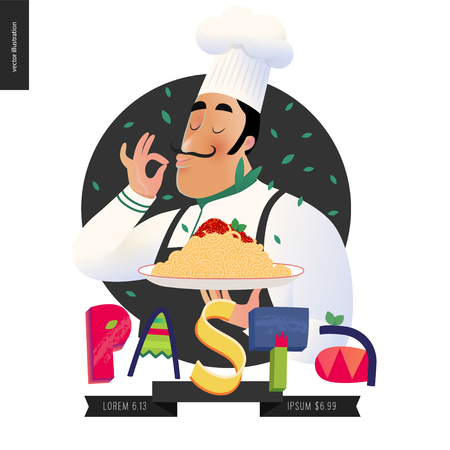 Italian restaurant logo concept design illustration  with a chef enjoying the pasta smell and lettering Pasta.のイラスト素材