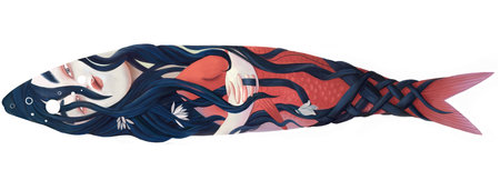 Mermaid and her pet - illustration of a mermaid with waving hair holding the fishの写真素材