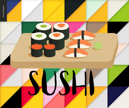 Sushi and rolls on the board on the geometric background patternのイラスト素材