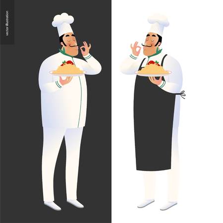 Italian restaurant set - two cooks wearing the uniform holding a dish of pasta with red bolognese sauce, cartoon characterのイラスト素材