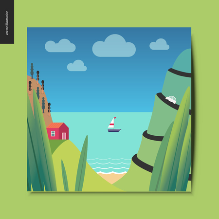 Simple things - landscape with the sea, mountains with serpentine road, red house, sail boat and clouds on the background and plants on the foreground, summer landscape, postcard, vector illustrationのイラスト素材