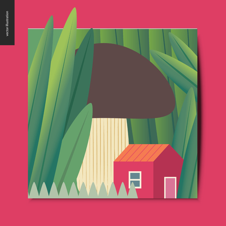 Simple things - concept illustration of a tiny red house under the mushroom growing among huge grass trunks, summer postcard, vector illustrationのイラスト素材