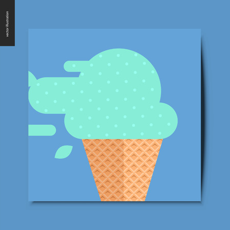 Simple things - a waffle cone with a scoop of mint ice cream on the blue background, summer postcard, vector illustrationのイラスト素材