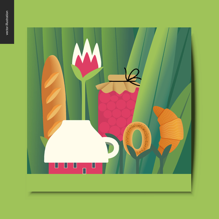 Simple things - concept illustration of a tiny cup house and tee meal on the stems growing among huge grass trunks - jar of jam, bread loaf, croissant and bread ring - a summer postcard, vector illustrationのイラスト素材