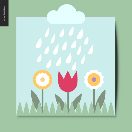 Simple things - flowers - flat cartoon vector illustration of flowers and tulip in the grass, and rain drop from the cloud above, summer postcardのイラスト素材