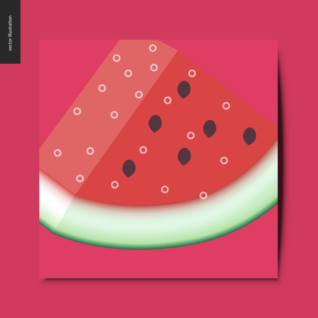 Simple things - a slice of watermelon on the red background, summer postcard, vector illustrationのイラスト素材