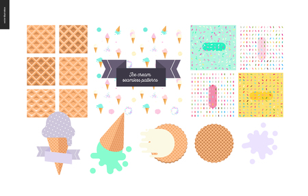 Ice cream scoops in waffle cones set - flat cartoon vector illustration of waffle cone patterns, sprinkle patterns, waffle cones and purple, mint, vanilla ice cream scoops - composition setのイラスト素材
