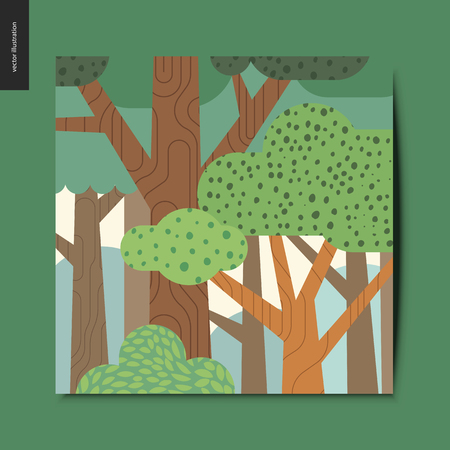 Simple things - wood - flat cartoon vector illustration of trees in the forest, summer postcardのイラスト素材