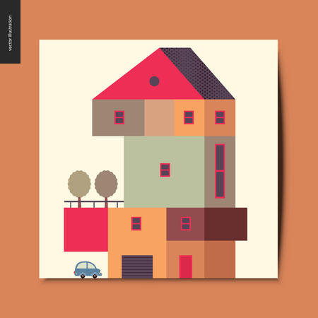 Simple things - house - flat cartoon vector illustration of a colorful countryside house with a terrace and trees on it, and a car next to the garage, summer postcardのイラスト素材