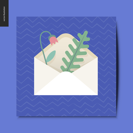 Simple things - memory letter message - flat cartoon vector illustration of memory envelope with herbarium - dry sprig and flower inside, summer postcardのイラスト素材
