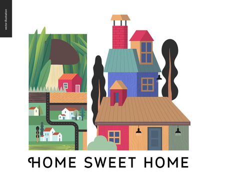 Simple things - color - flat cartoon vector illustration of houses, Home Sweet Home lettering, mushroom, town, city, village, tiny house, road, map and neighbourhood - colour compositionのイラスト素材